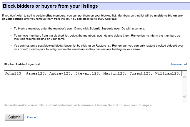 This is an image of the Blocked Buyer List as part of a tutorial on how to properly fill out the form.