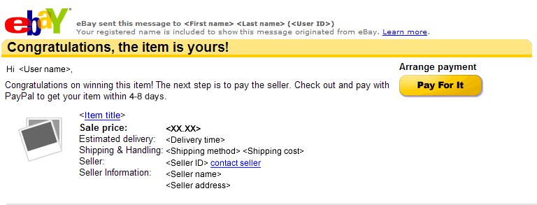 This image is part of the Manage Communications with Buyers Tool from Ebay. It depicts a sample of the initial email that is sent out on your behalf at the close of the auction.