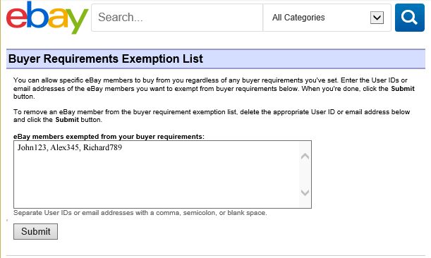 This is an image of the Ebay Buyers Exemption List. It is part of our tutorial.