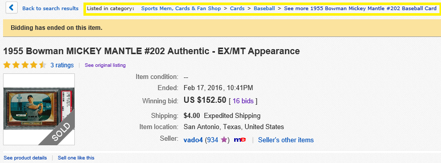 This is an image of an Ebay Listing with the Categories section highlighted.